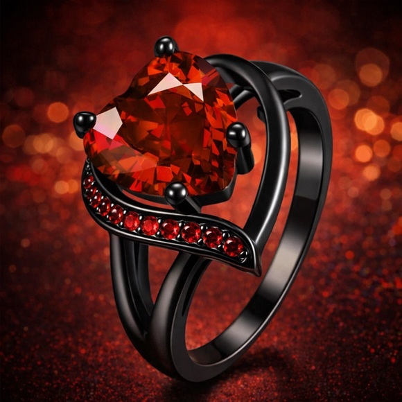 Black Band Ring with Red Heart Gem. - Picture 3 of 5
